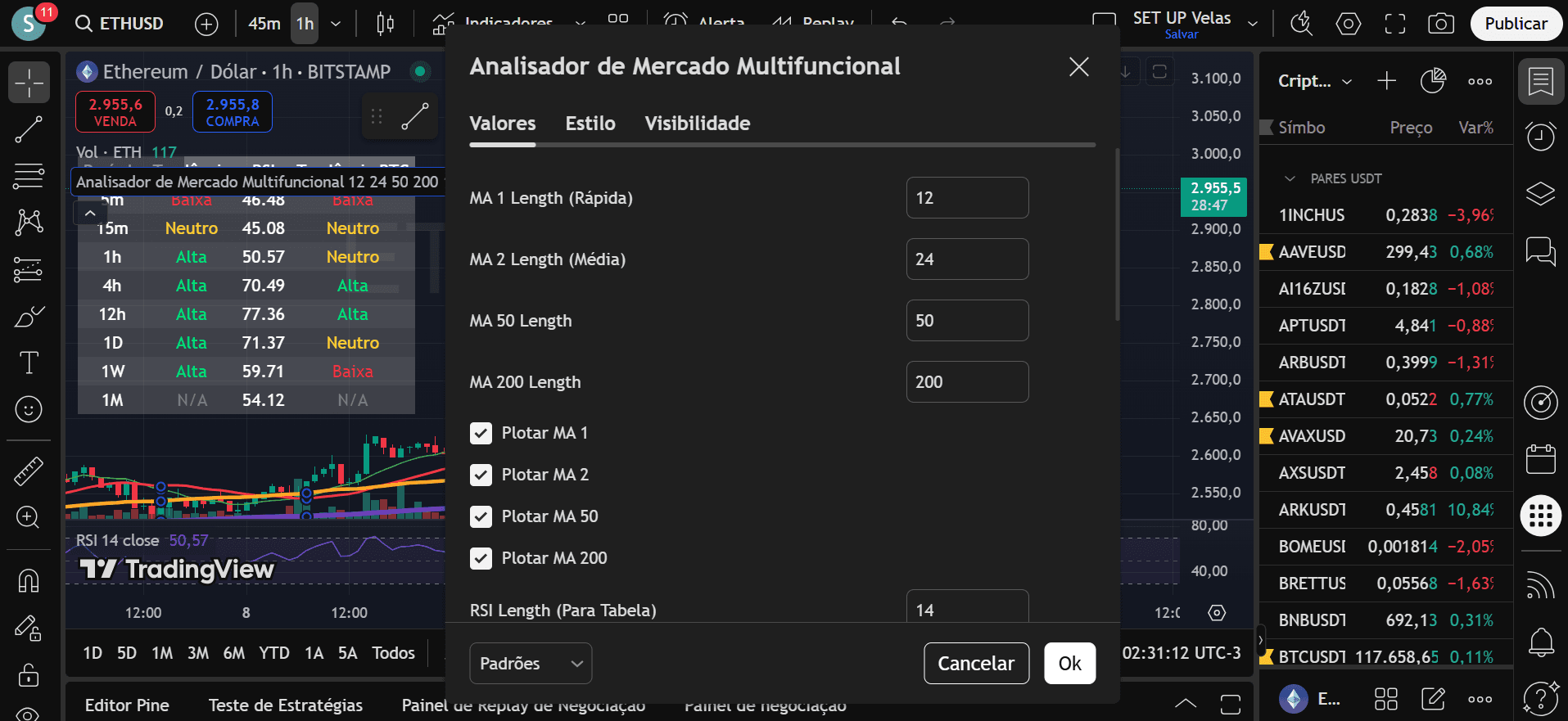Tela de configuração do indicador no TradingView